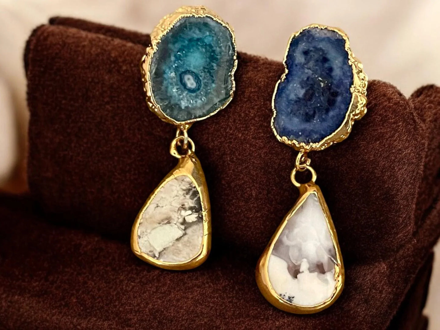 Gold-Plated Blue White Agate Drop Earrings - Handmade Bohemian Dangle Jewelry, Handmade In Turkey - Glam Duchess