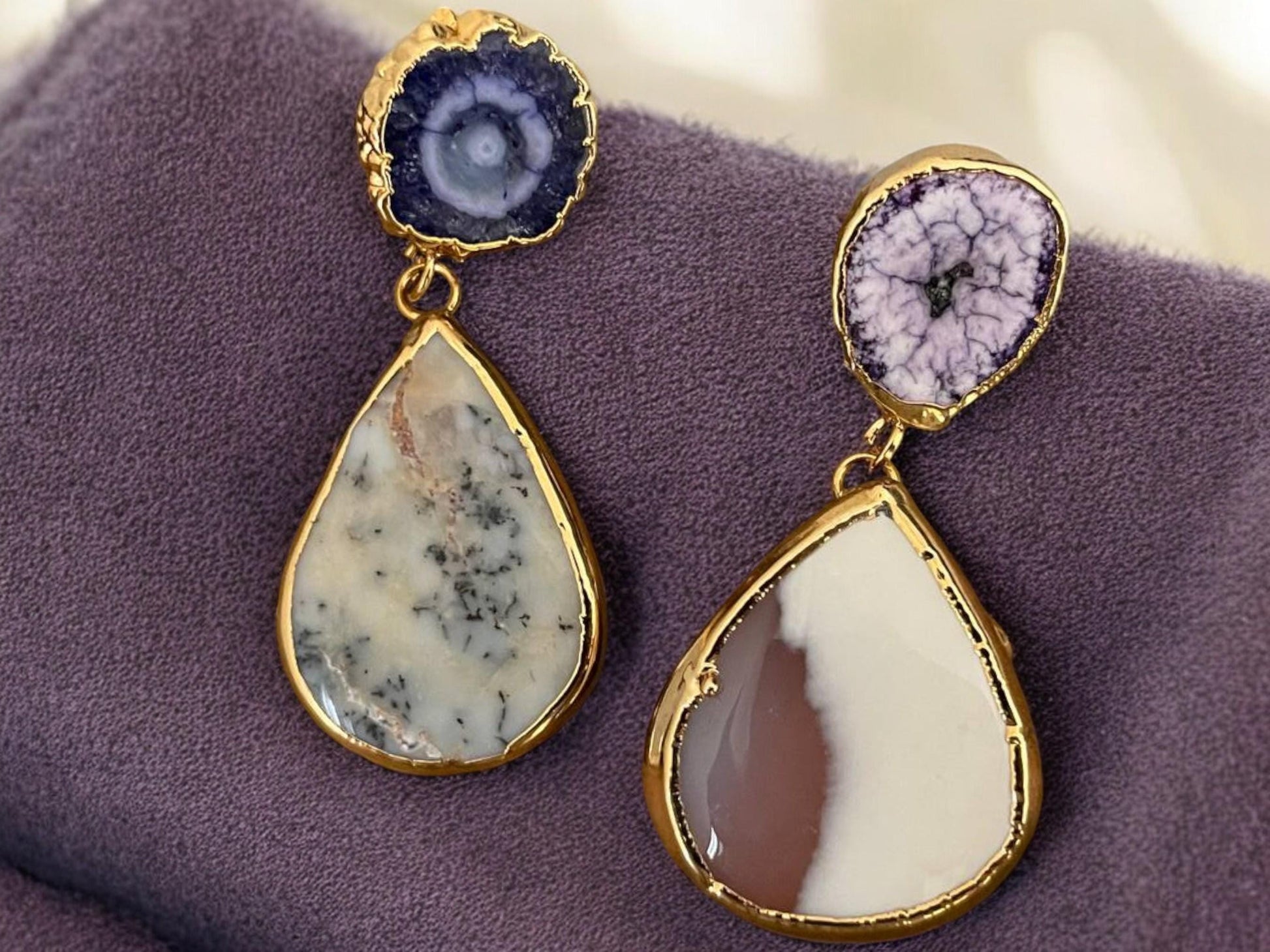 Gold-Plated Blue White Agate Drop Earrings - Handmade Bohemian Dangle Jewelry, Handmade In Turkey - Glam Duchess