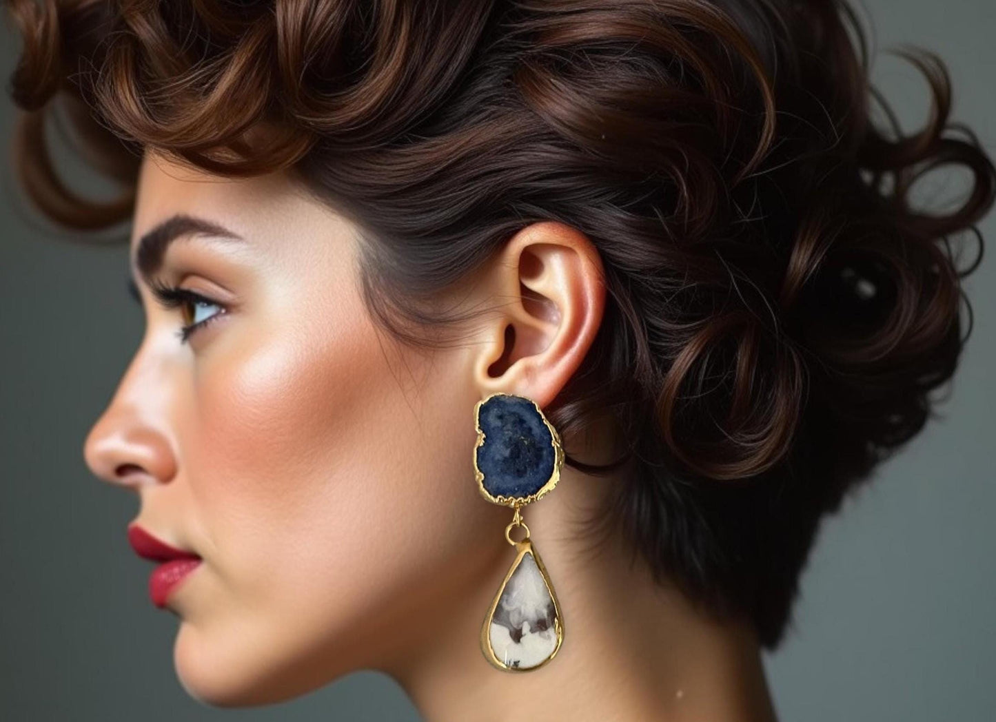 Gold-Plated Blue White Agate Drop Earrings - Handmade Bohemian Dangle Jewelry, Handmade In Turkey - Glam Duchess