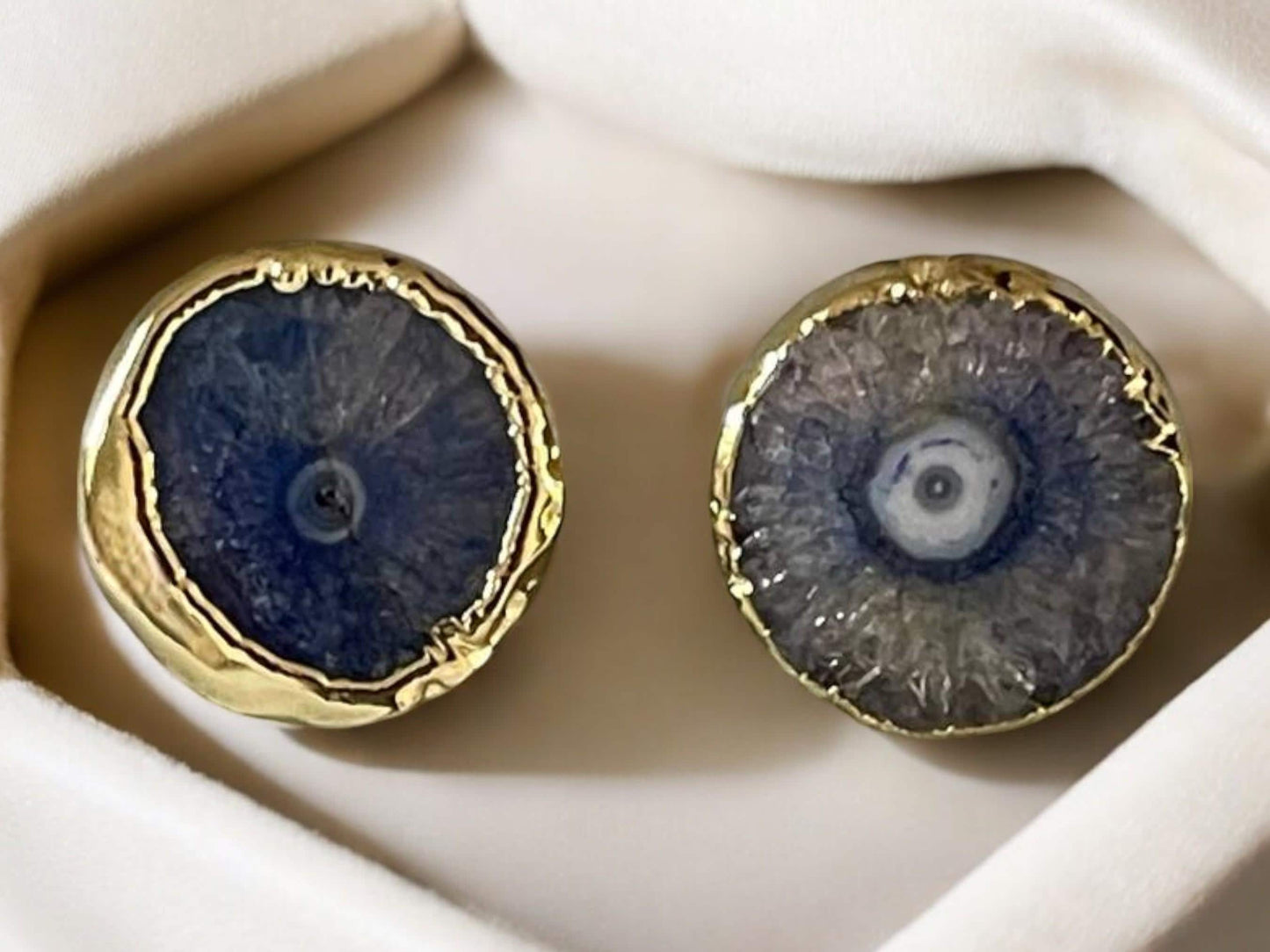 Gold Plated Blue Geode Stud Earrings - Handmade Green Natural Stone Boho Chic Jewelry, Handmade In Turkey - Glam Duchess