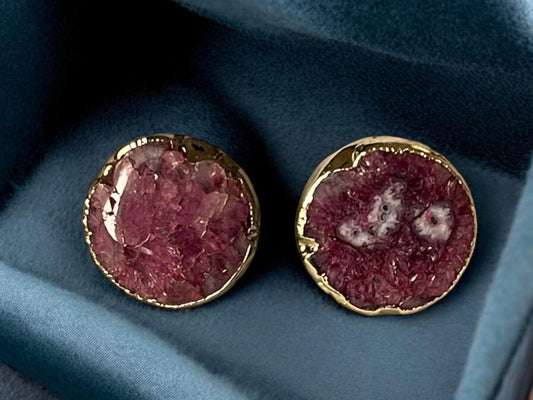 Geode Stud Earrings - Handmade Gold Plated Red Green Stone Jewelry, Handmade In Turkey - Glam Duchess