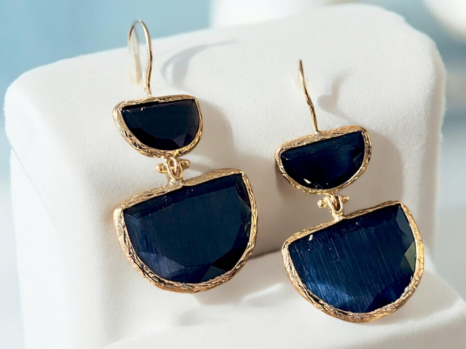 Gold Plated Black Cats Eye Drop Earrings - Handmade Pink Black Modern Jewelry, Handmade In Turkey - Glam Duchess