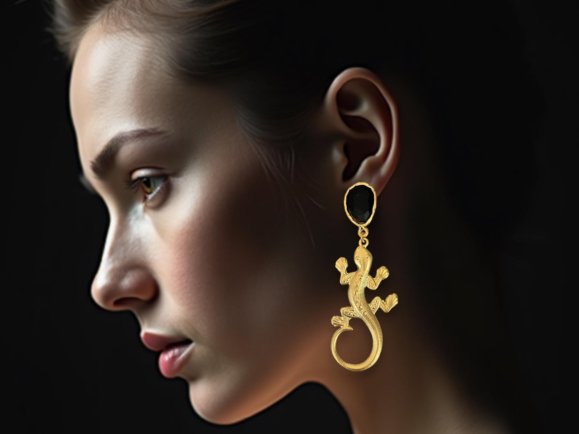Gold Plated Gecko Dangle Earrings - Black Crystal Animal-Inspired Jewelry, Handmade In Turkey - Glam Duchess
