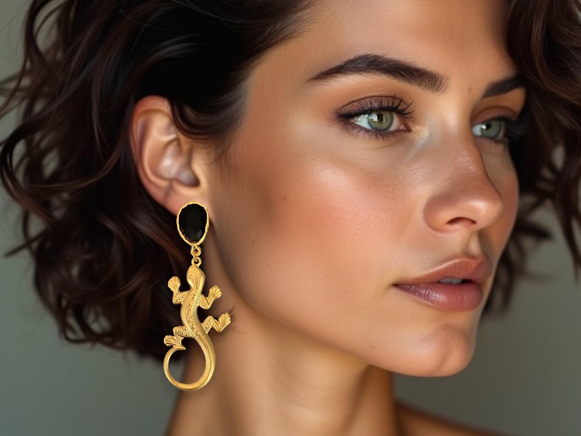 Gold Plated Gecko Dangle Earrings - Black Crystal Animal-Inspired Jewelry, Handmade In Turkey - Glam Duchess