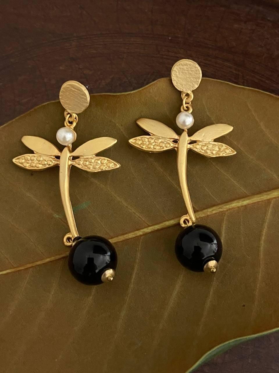 Gold Dragonfly Dangle Earrings - Handmade Black Onyx Pearl Accent Jewelry from Turkiye, Handmade In Turkey - Glam Duchess