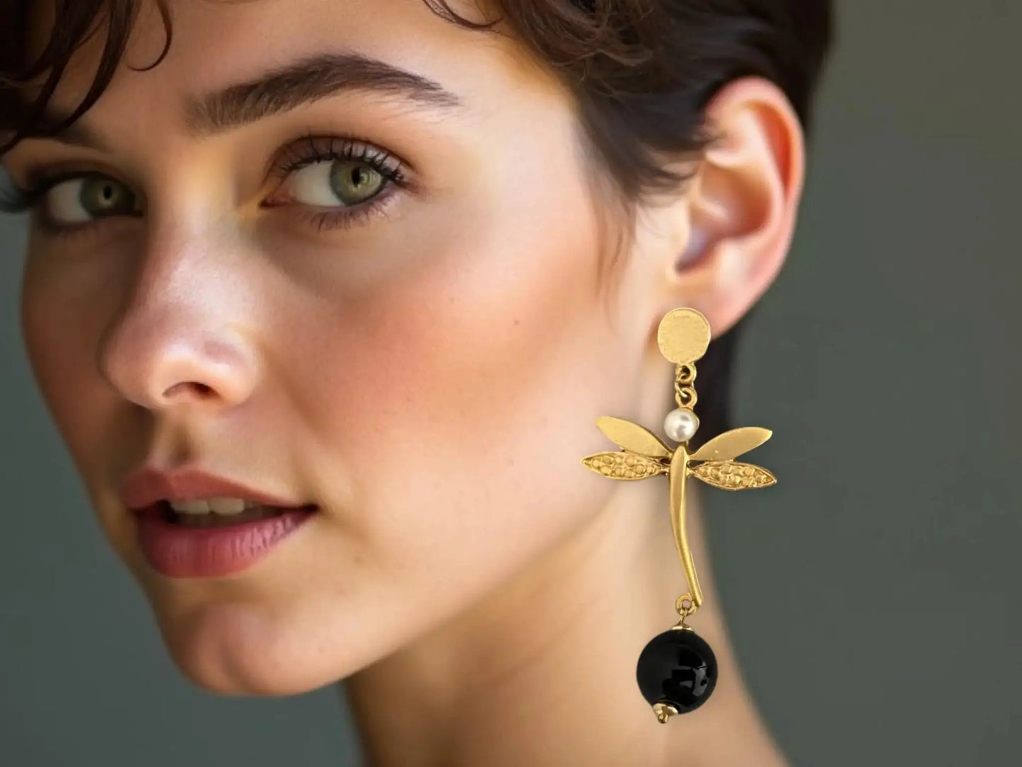 Gold Dragonfly Earrings - Handmade Matte Gold Plating Dangle Jewelry with Black Onyx & Pearl Accent by Glam Duchess (gold-dragonfly-dangle-earrings-black-onyx-pearl-accent-long-earrings-handmade-statement-jewelry-unique-dragonfly-earrings-from-turkiye)