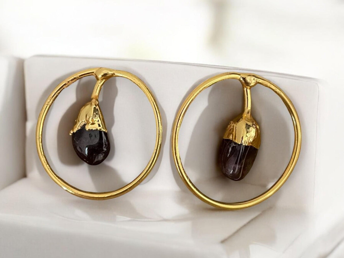 Gold Plated Agate Hoop Earrings - Handmade Minimalist Geometric Dangles, Handmade In Turkey - Glam Duchess