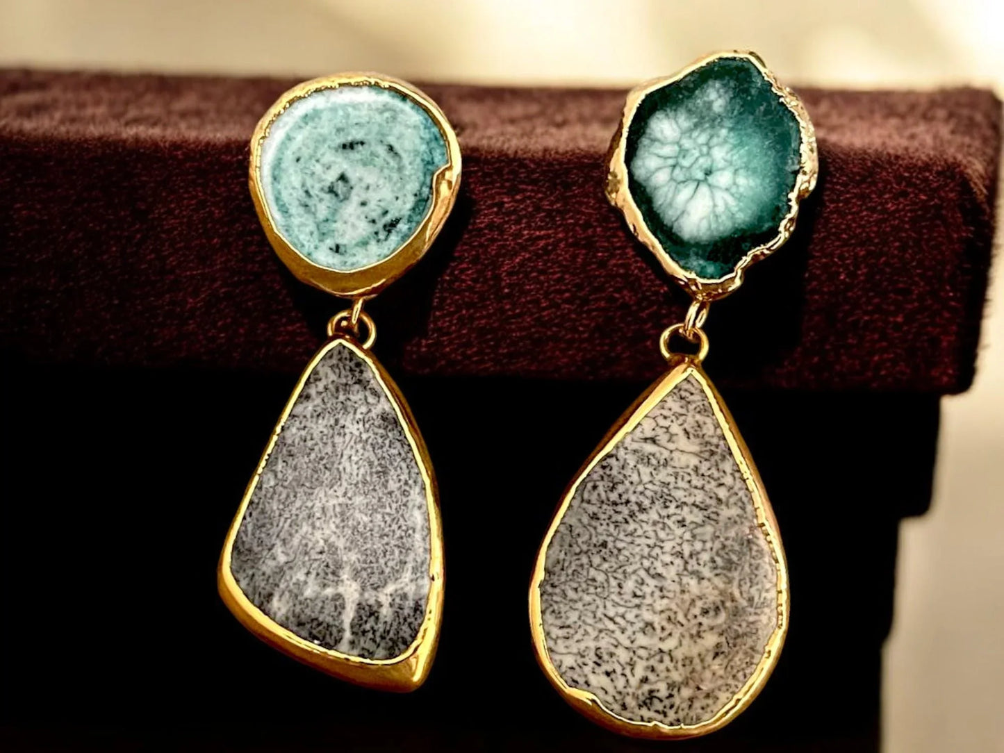 Gold Plated Blue Agate Drop Earrings - Handmade Bohemian Jewelry from Turkiye, Handmade In Turkey - Glam Duchess