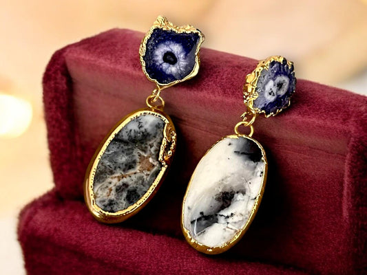 18K Gold-Plated Blue White Agate Drop Earrings - Handmade Bohemian Dangle Jewelry, Handmade In Turkey - Glam Duchess