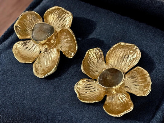Chunky Handmade 18K Gold Plated Agate Floral Stud Earrings, Handmade In Turkey - Glam Duchess