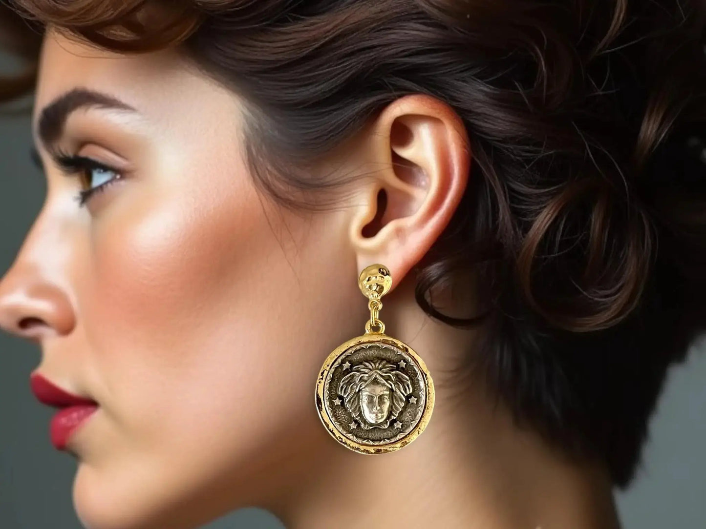 Gold Plated Earrings - Handmade Medusa Coin Earrings | Bohemian Jewelry, Lightweight Statement by Glam Duchess (handmade-18k-gold-plated-coin-medusa-medallion-earrings-designer-boho-chic-earrings-bohemian-roman-coin-earrings-jewelry-made-in-turkiye)