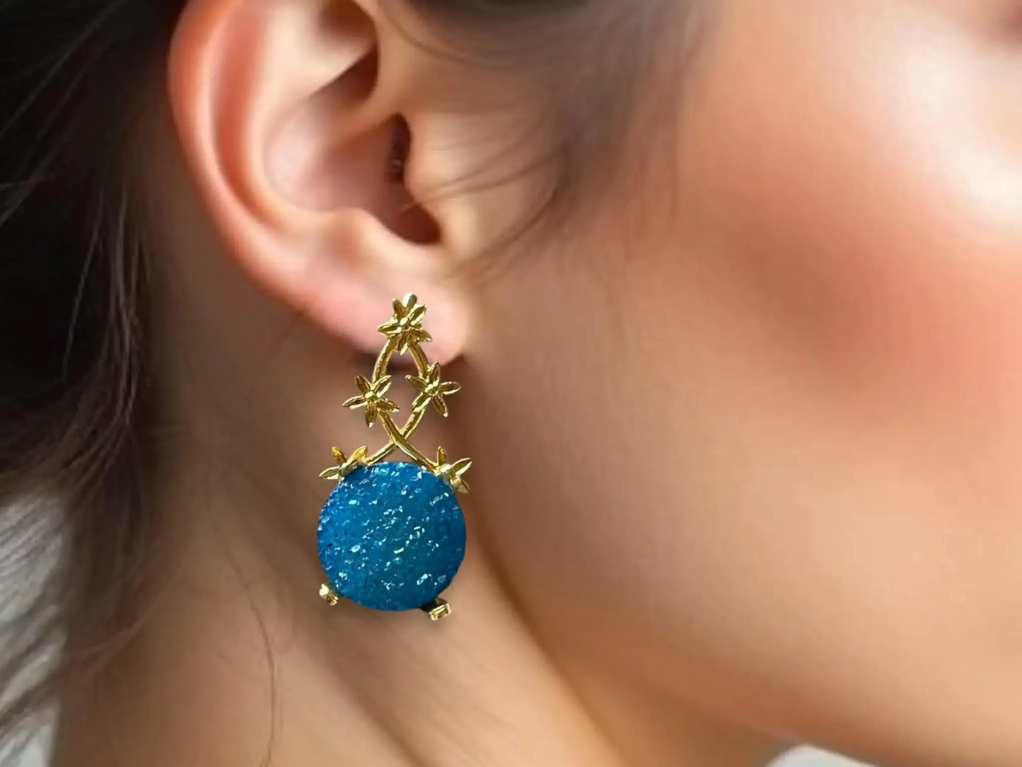 Gold Plated Druzy Earrings – Handmade Floral Vine Lightweight Gemstone Jewelry by Glam Duchess (handmade-18k-gold-plated-druzy-stone-minimalist-floral-vine-earrings-made-in-turkey)