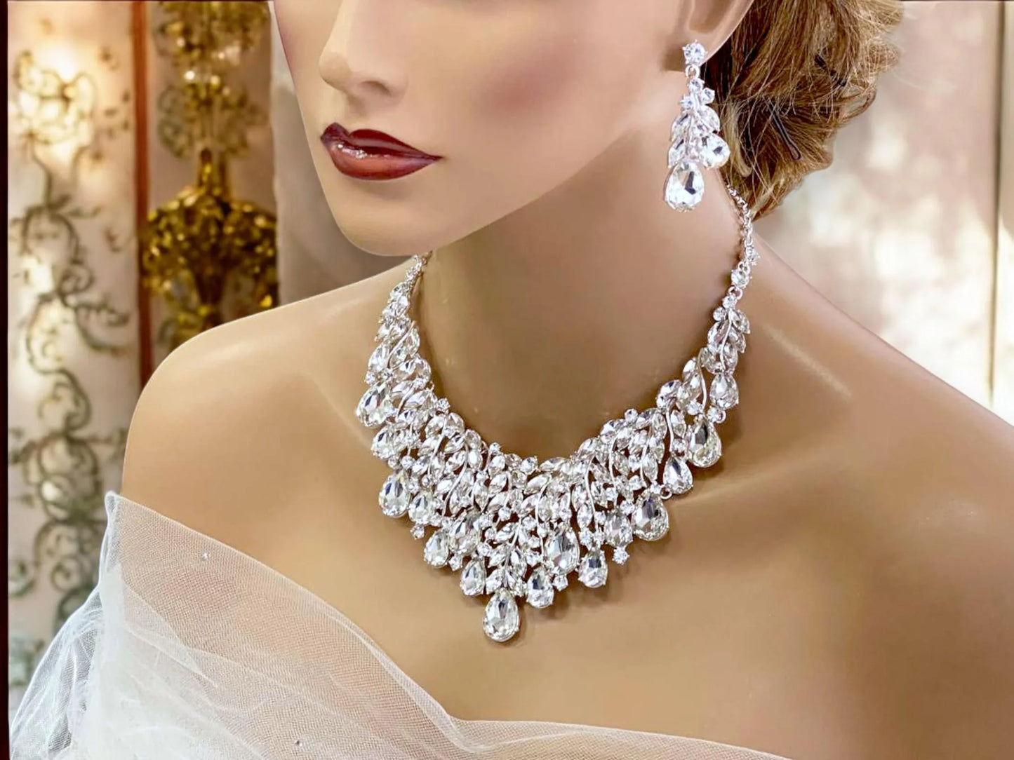 Chunky Crystal Teardrop Rhinestone Bridal Necklace & Earrings Set – Elegant Wedding Jewelry - Glam Duchess