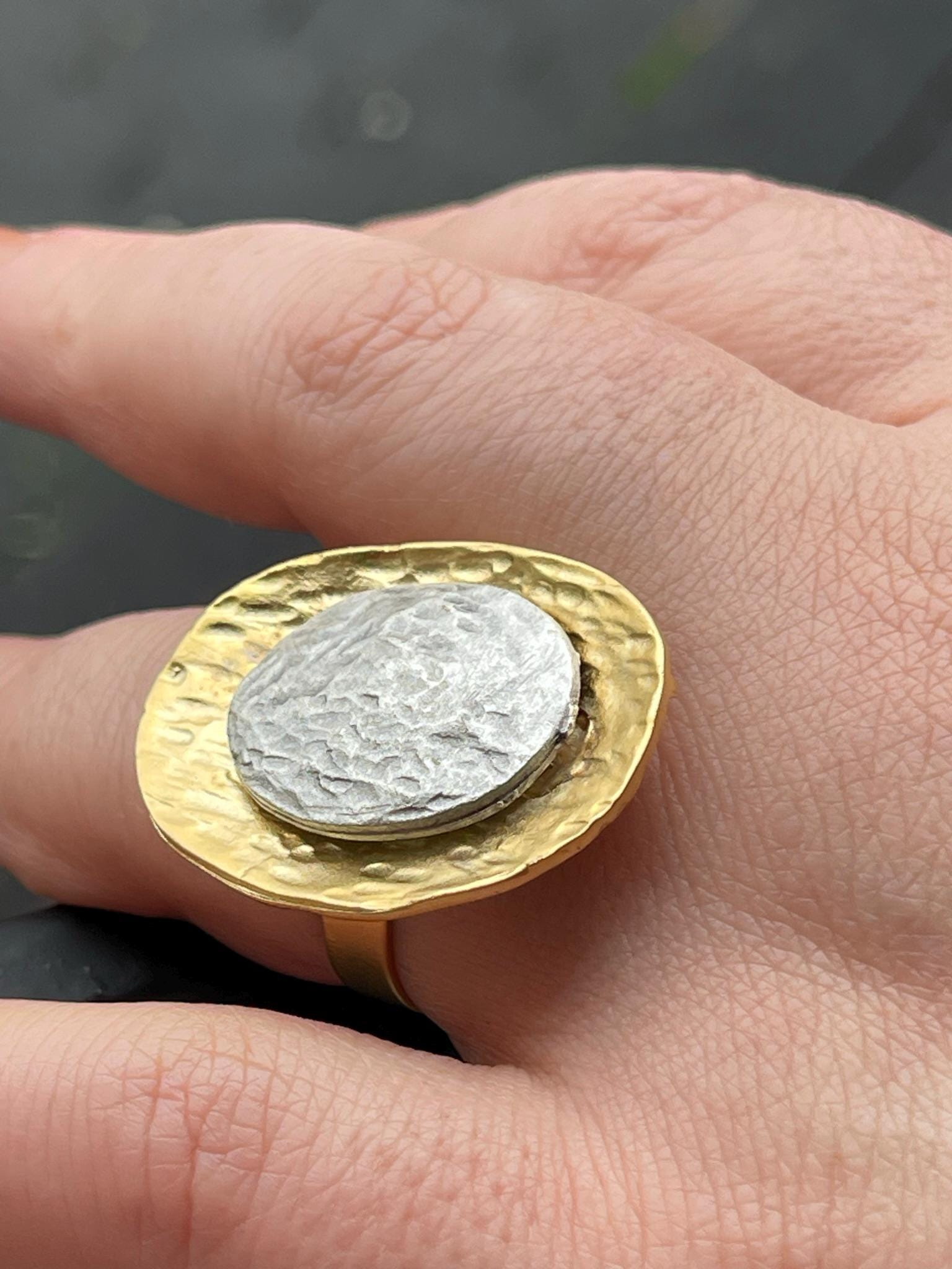 Chunky Gold Plated Adjustable Ring - Bold Textured Silver Gold Statement Jewelry, Handmade In Turkey - Glam Duchess