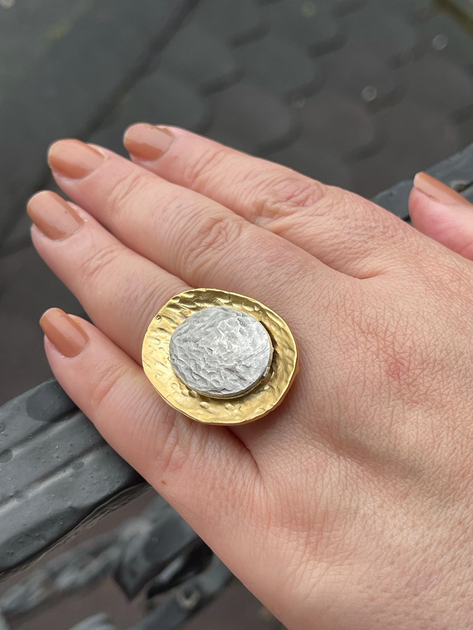 Chunky Gold Plated Adjustable Ring - Bold Textured Silver Gold Statement Jewelry, Handmade In Turkey - Glam Duchess