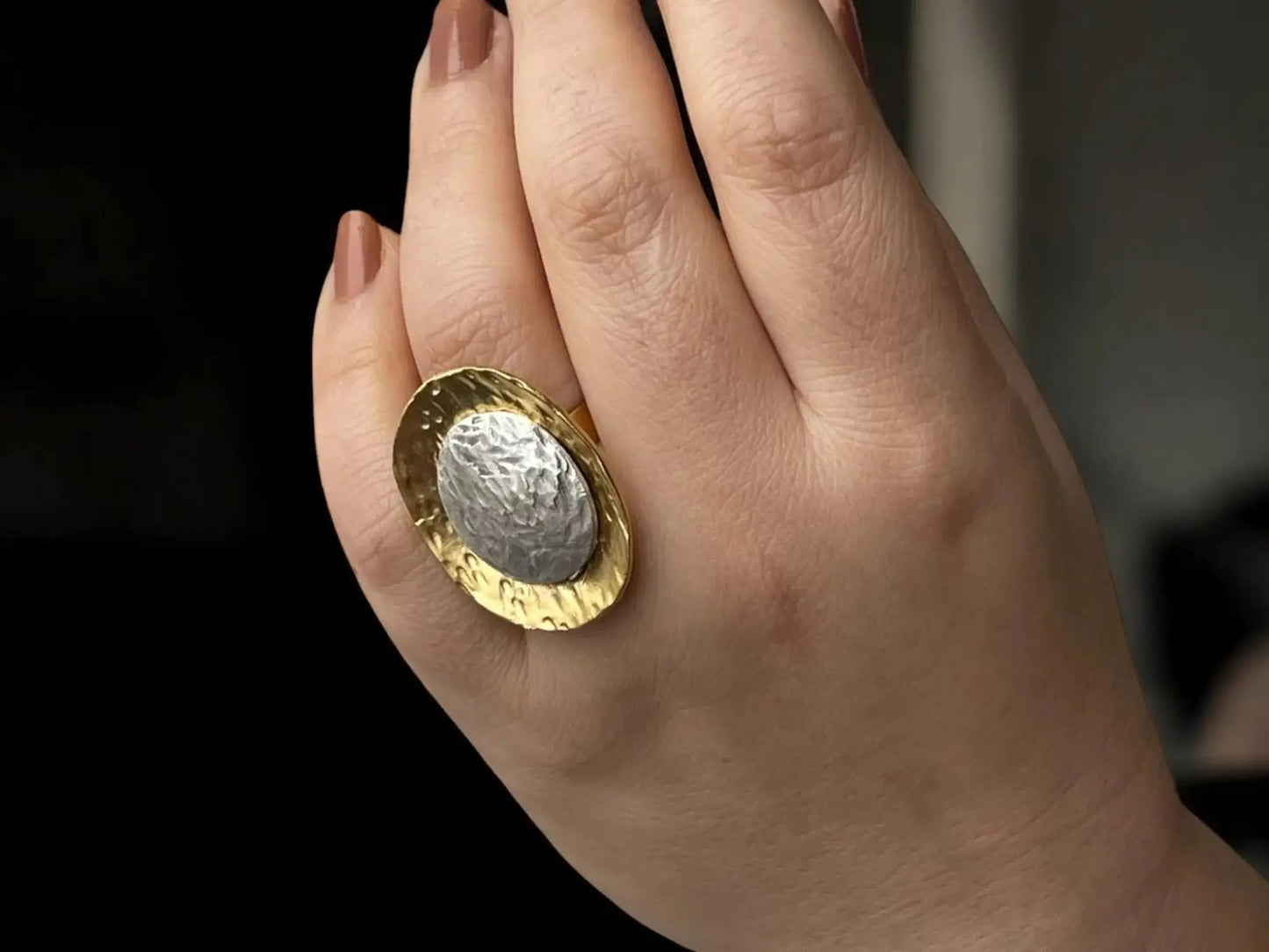 Gold Plated Chunky Ring – Adjustable Textured Statement Jewelry, Handmade In Turkey by Glam Duchess (chunky-gold-plated-round-ring-bold-adjustable-handmade-textured-silver-gold-statement-ring-minimalist-ring-modern-jewelry-gift-for-her)