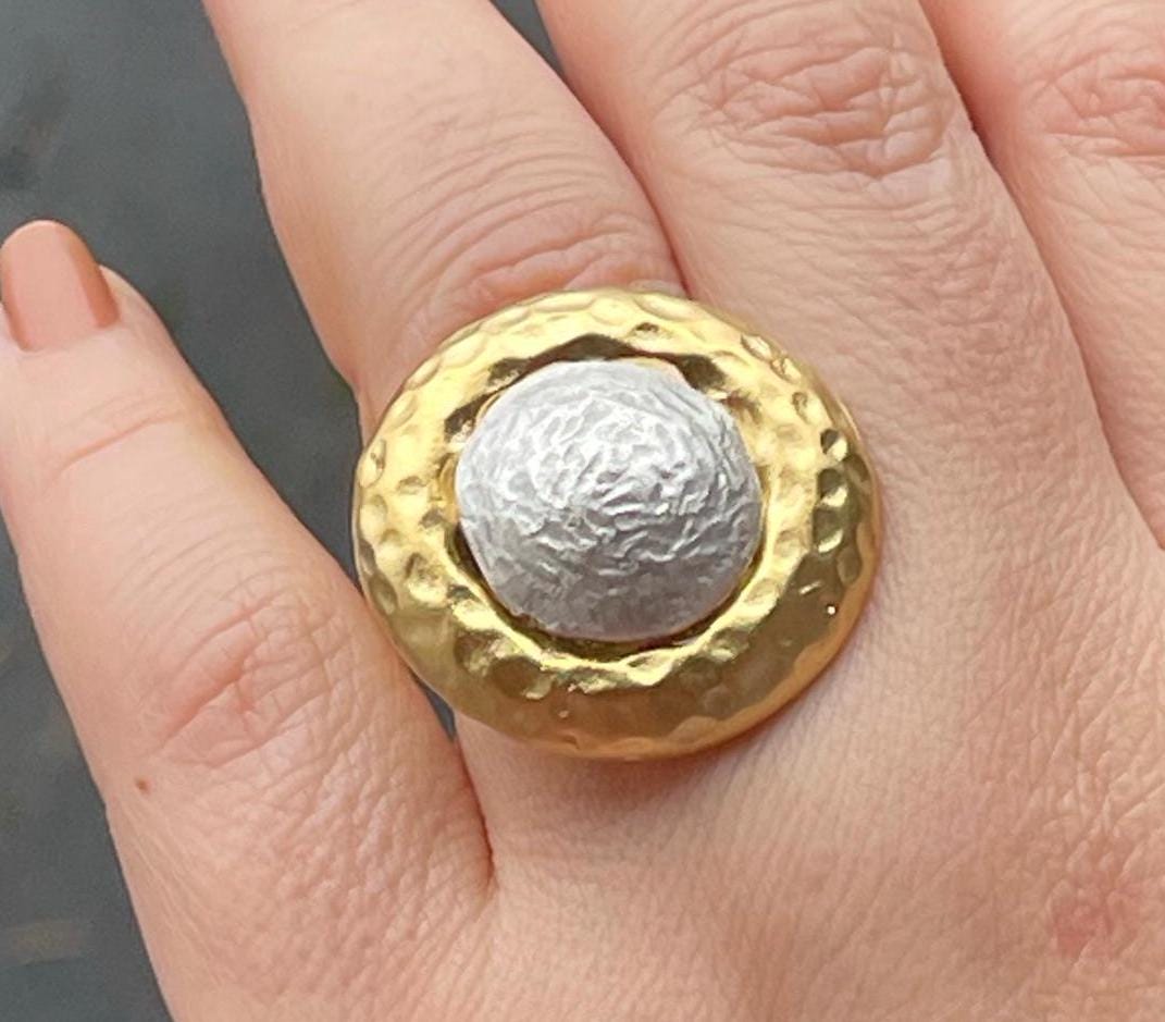 Chunky Gold Plated Adjustable Ring - Bold Textured Silver Gold Statement Jewelry, Handmade In Turkey - Glam Duchess