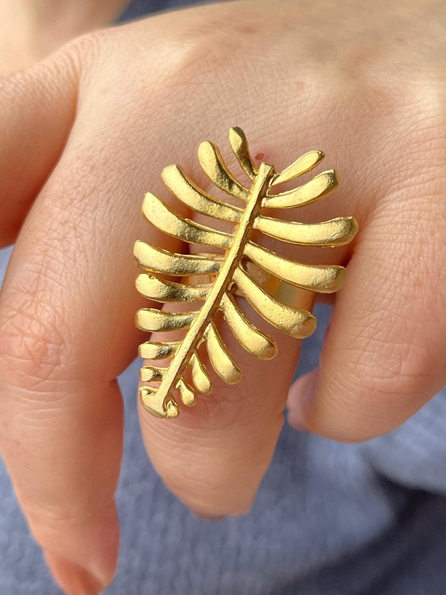 Botanical Leaf Ring - Chunky Gold Plated Adjustable Nature Jewelry
