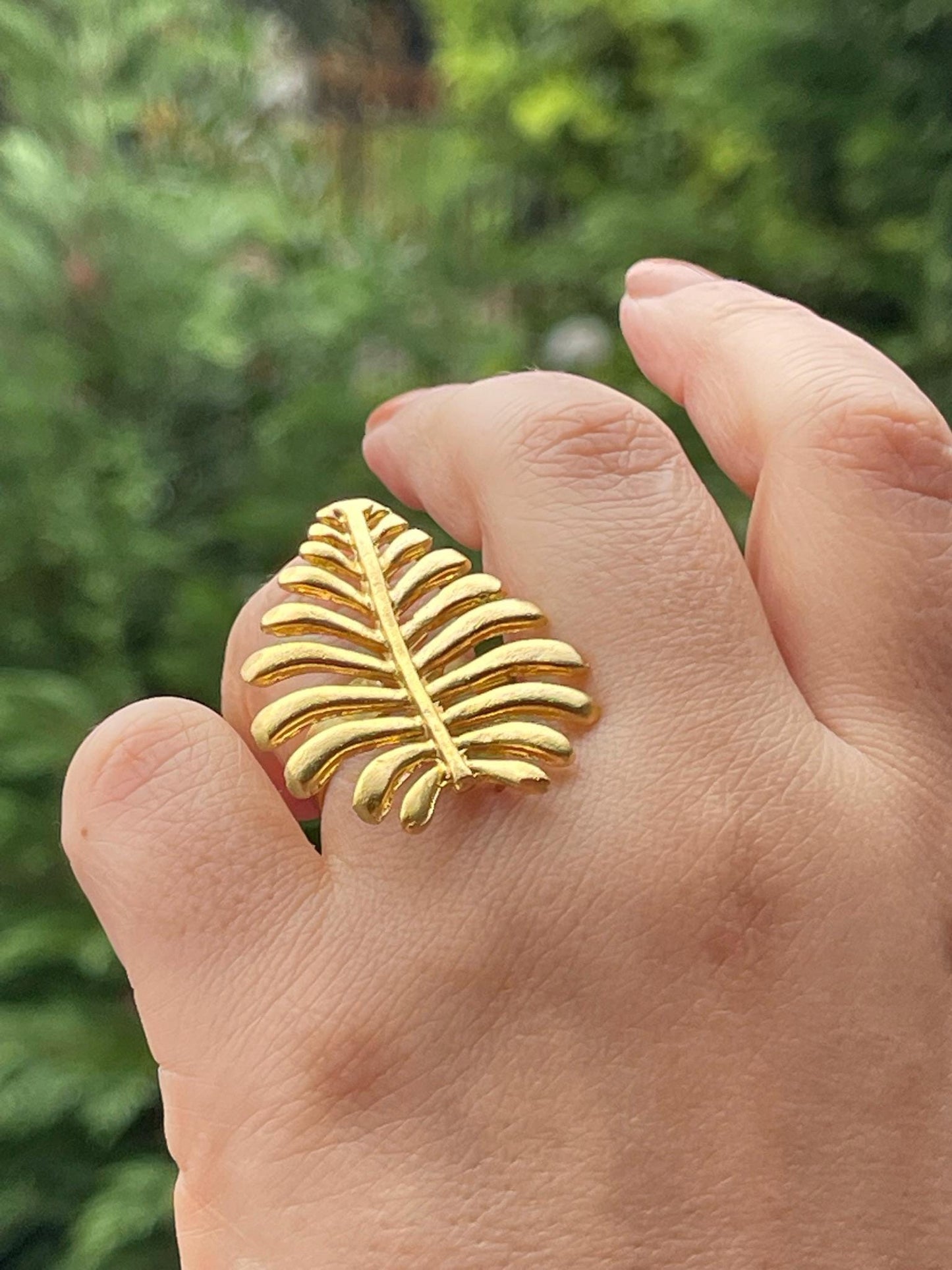 Botanical Leaf Ring - Chunky Gold Plated Adjustable Nature Jewelry