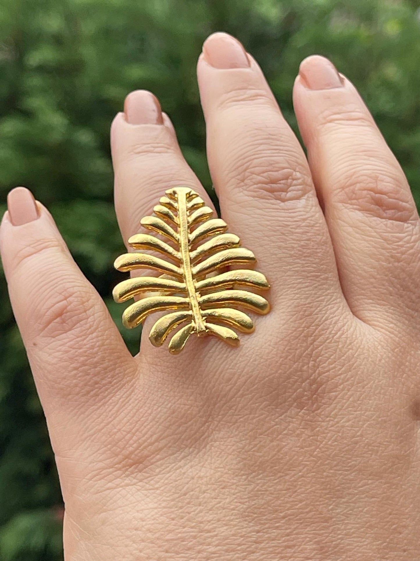 Botanical Leaf Ring - Chunky Gold Plated Adjustable Nature Jewelry