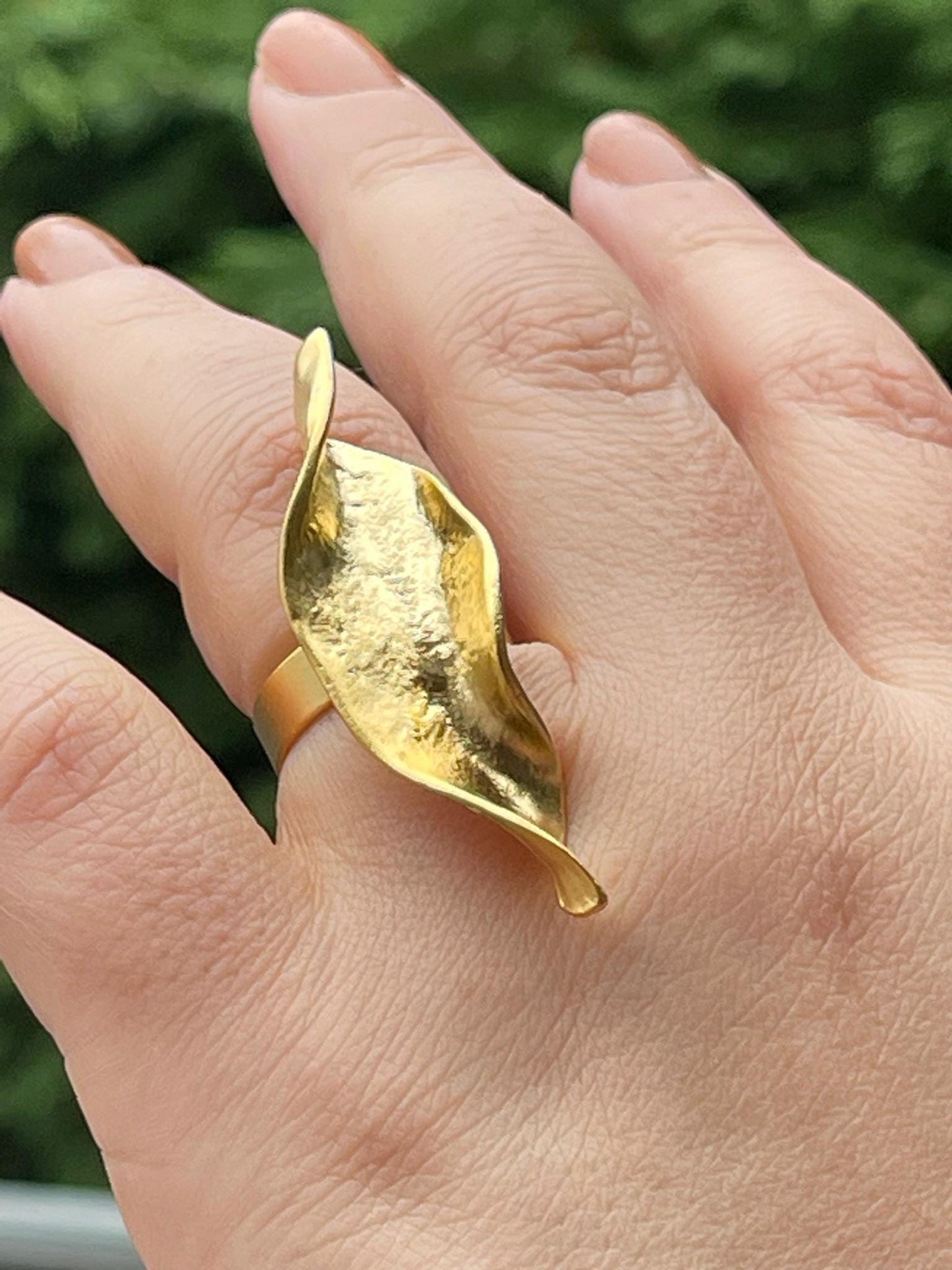 Botanical Leaf Ring - Chunky Gold Plated Adjustable Nature Jewelry