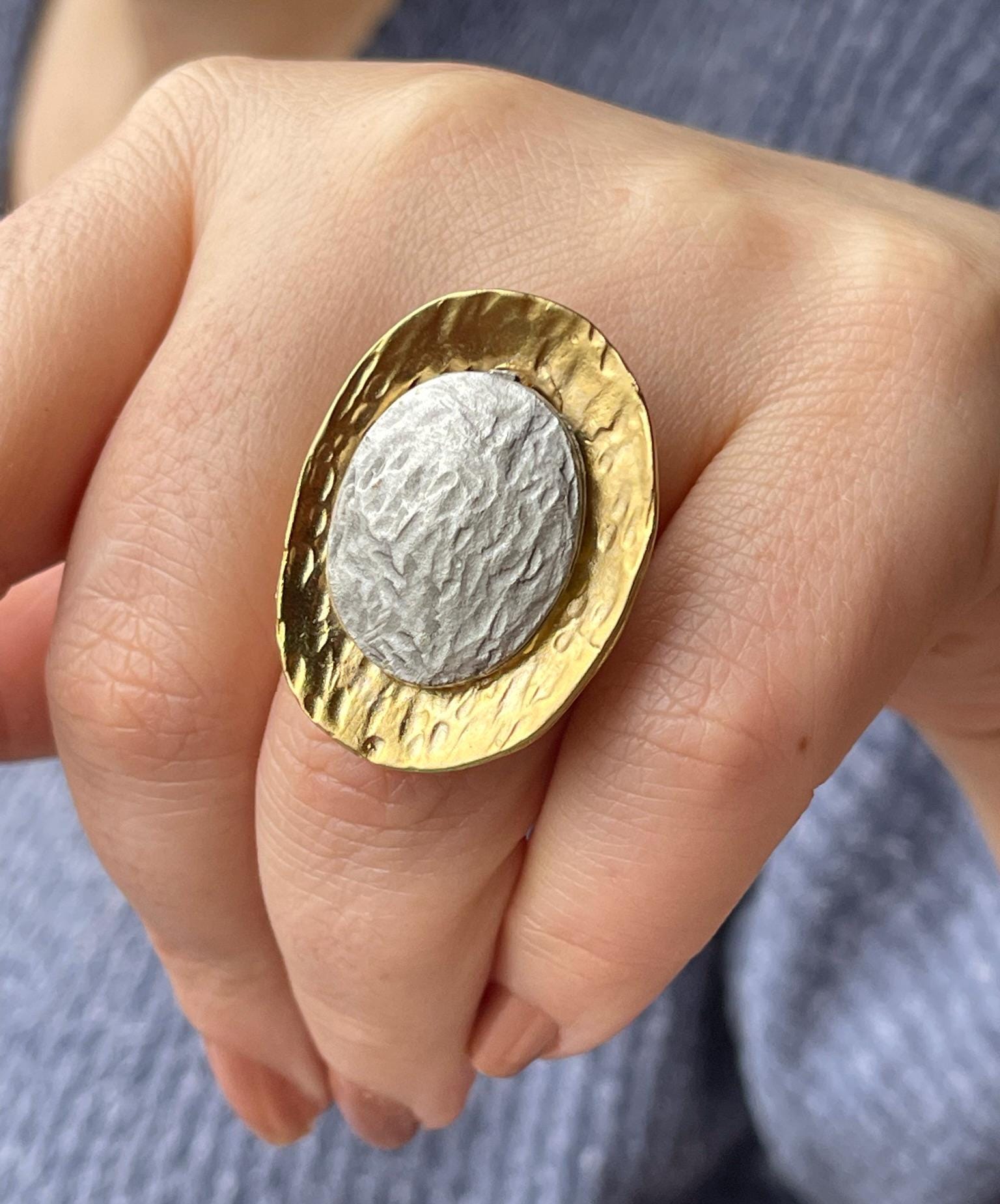 Chunky Gold Plated Adjustable Ring - Bold Textured Silver Gold Statement Jewelry, Handmade In Turkey - Glam Duchess