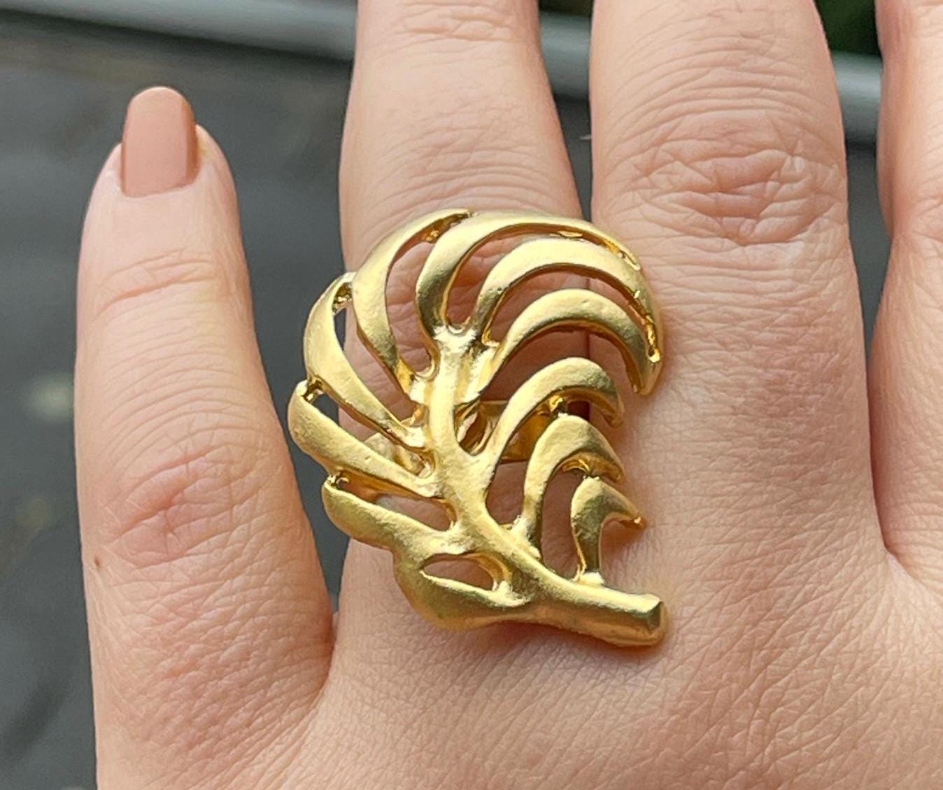 Botanical Leaf Ring - Chunky Gold Plated Adjustable Nature Jewelry