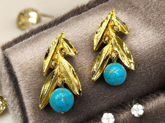 18K Gold Plated Olive Leaf Earrings - Turquoise Boho Dangle Jewelry, Handmade In Turkey - Glam Duchess