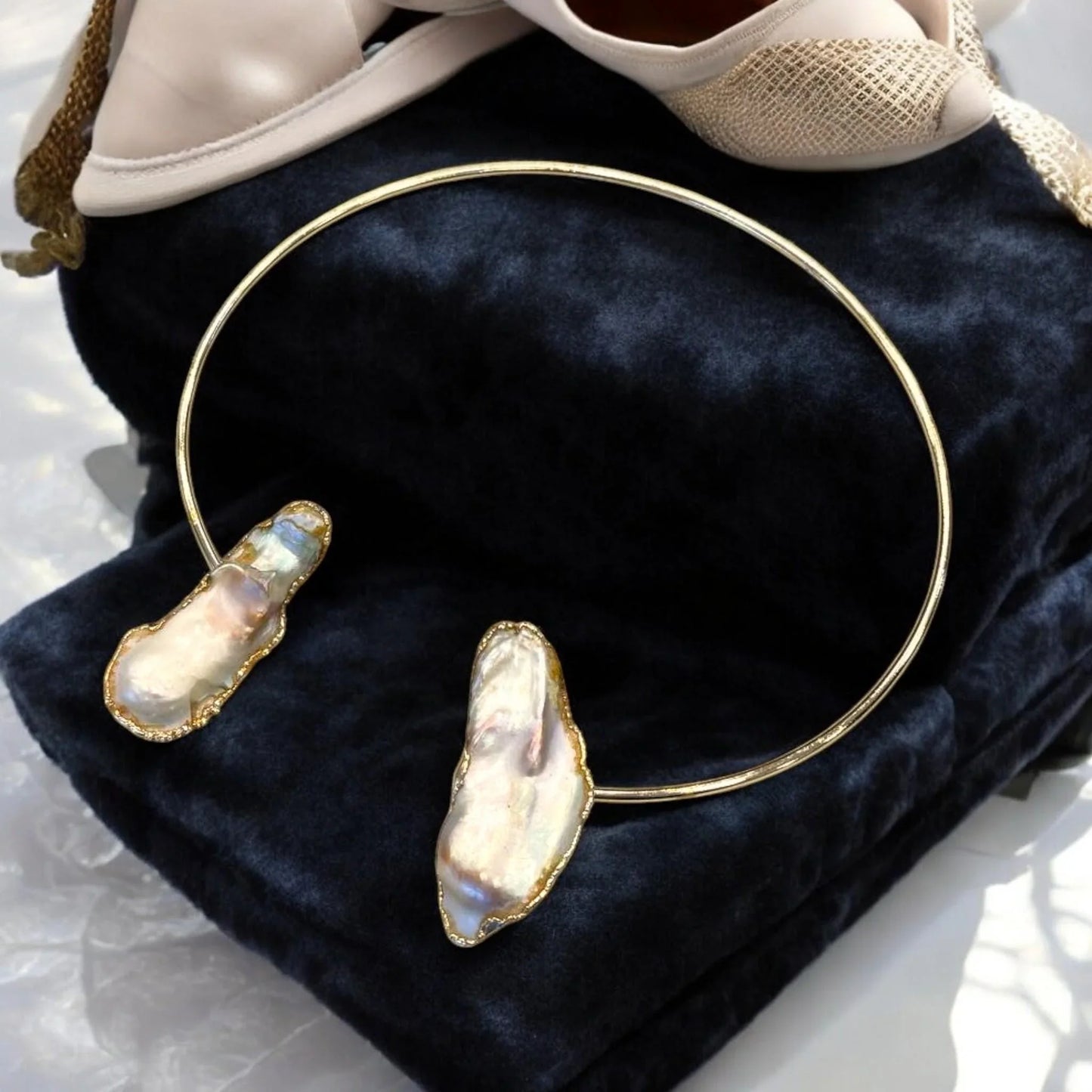 Gold Plated Minimalist Baroque Pearl Ring Open Choker Necklace Set - Modern Shell Jewelry Gift for Her, Handmade In Turkey - Glam Duchess