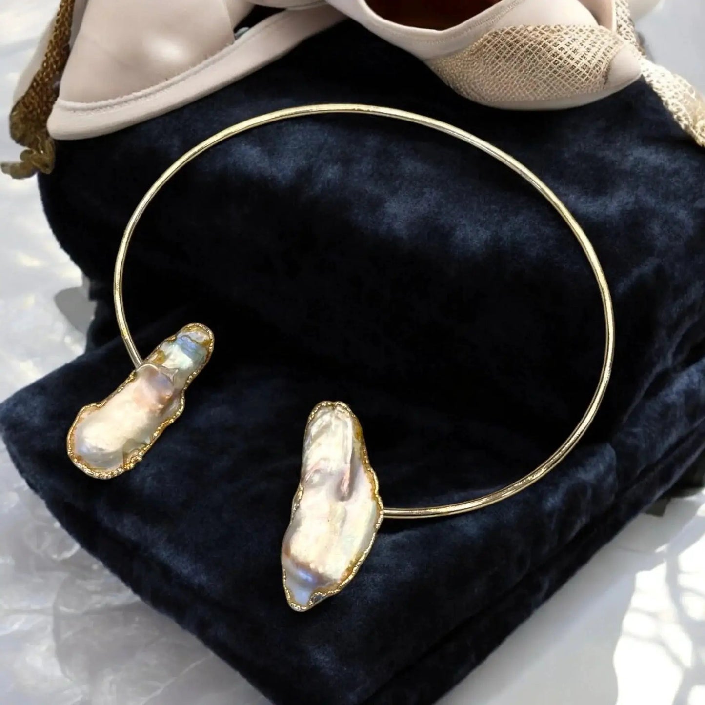 Gold Plated Choker - Adjustable Open Collar Necklace with Baroque Pearl & Shell Pendant by Glam Duchess (gold-plated-adjustable-minimalist-natural-baroque-pearl-ring-open-choker-ring-set-modern-shell-collar-necklace-statement-gift-for-her)