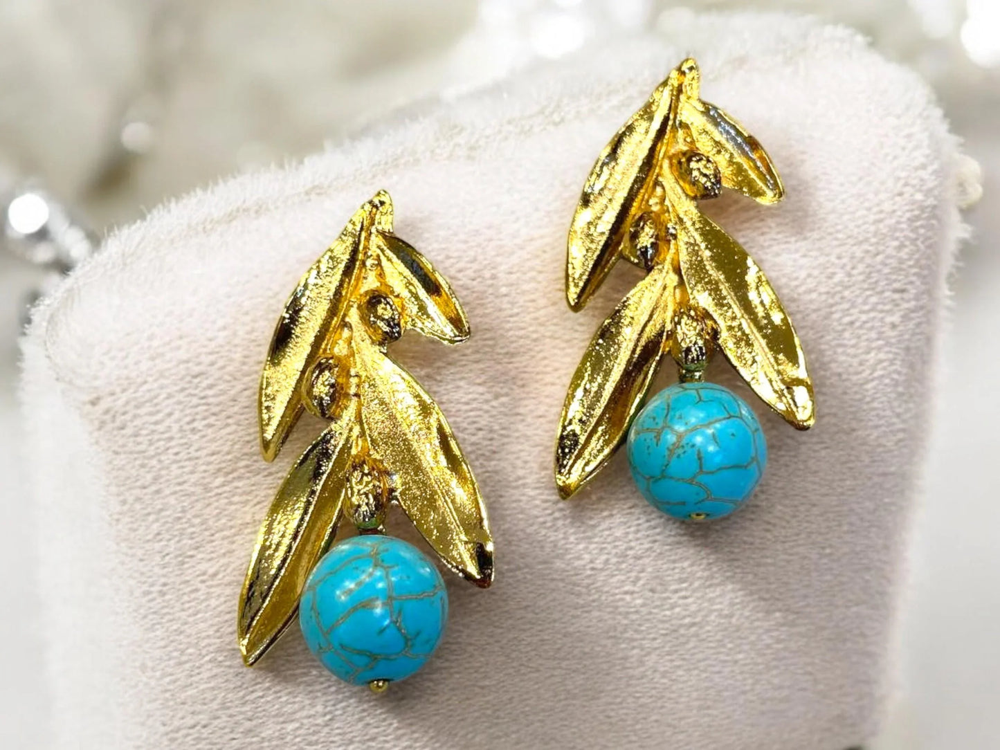 18K Gold Plated Olive Leaf Earrings - Turquoise Boho Dangle Jewelry, Handmade In Turkey - Glam Duchess