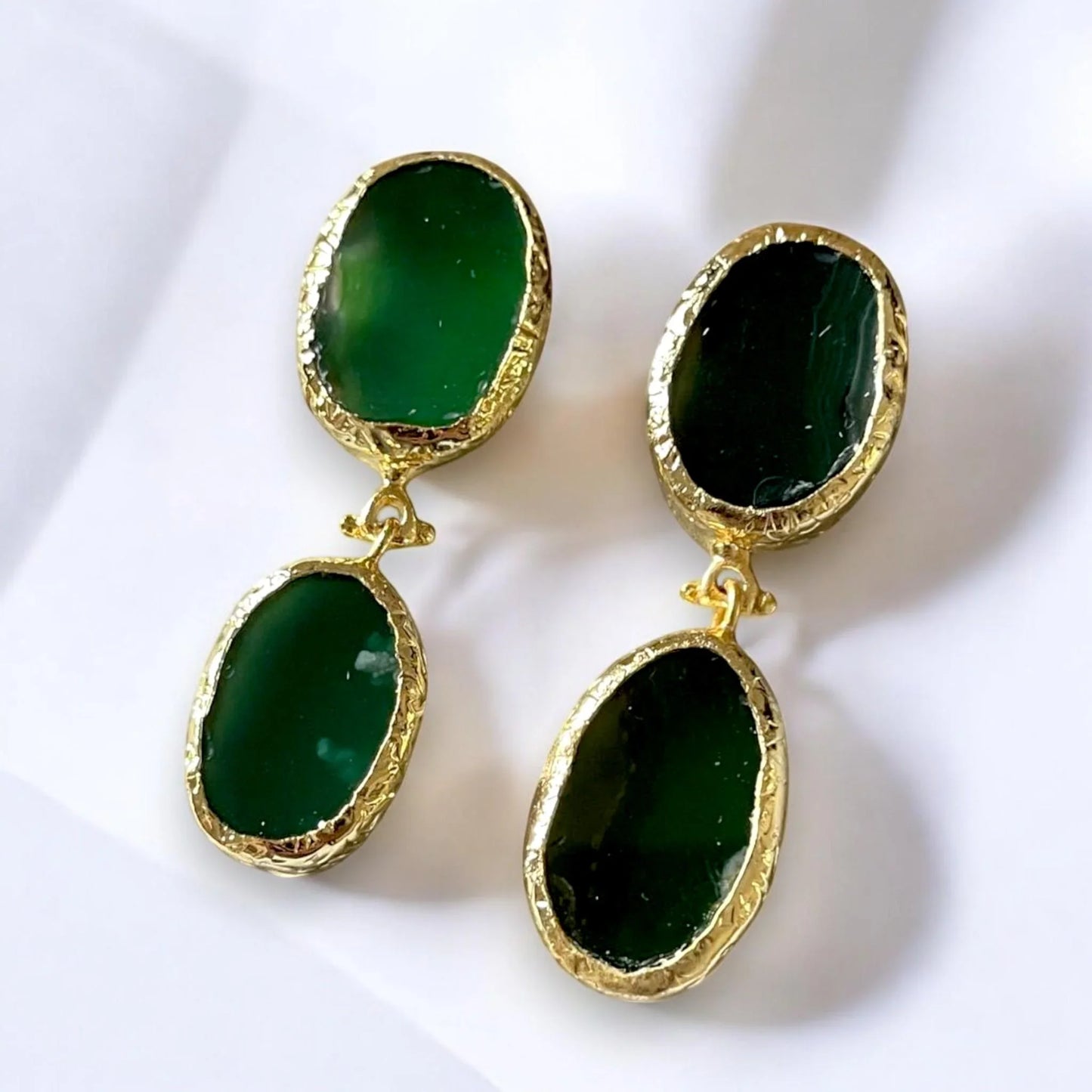 18K Gold Plated Handmade Minimalist Green Oval Gemstone Drop Earrings, Made in Turkey - Glam Duchess