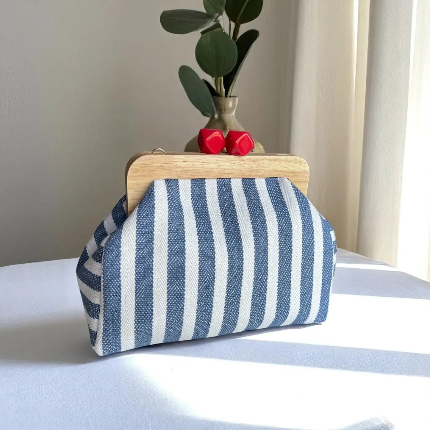 Blue White Striped Bag Set | Handmade Canvas Tote, Clutch & Zipper Pouch | Nautical Summer Purse Trio | Beach Bag Set - Glam Duchess