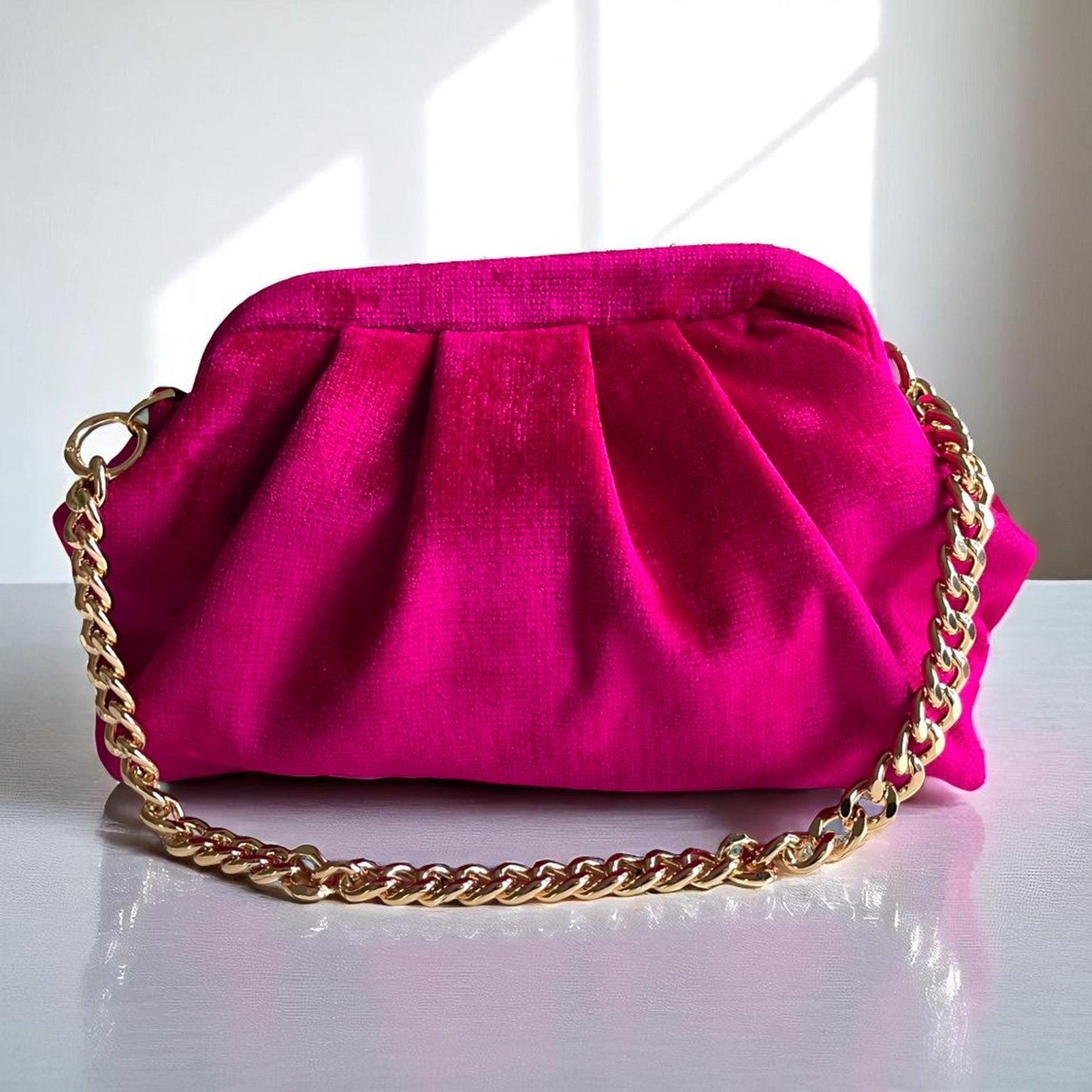 Hot Pink Velvet Clutch with Beaded Handle | Handmade Gold Chain Evening Bag | Statement Purse for Parties & Events - Glam Duchess