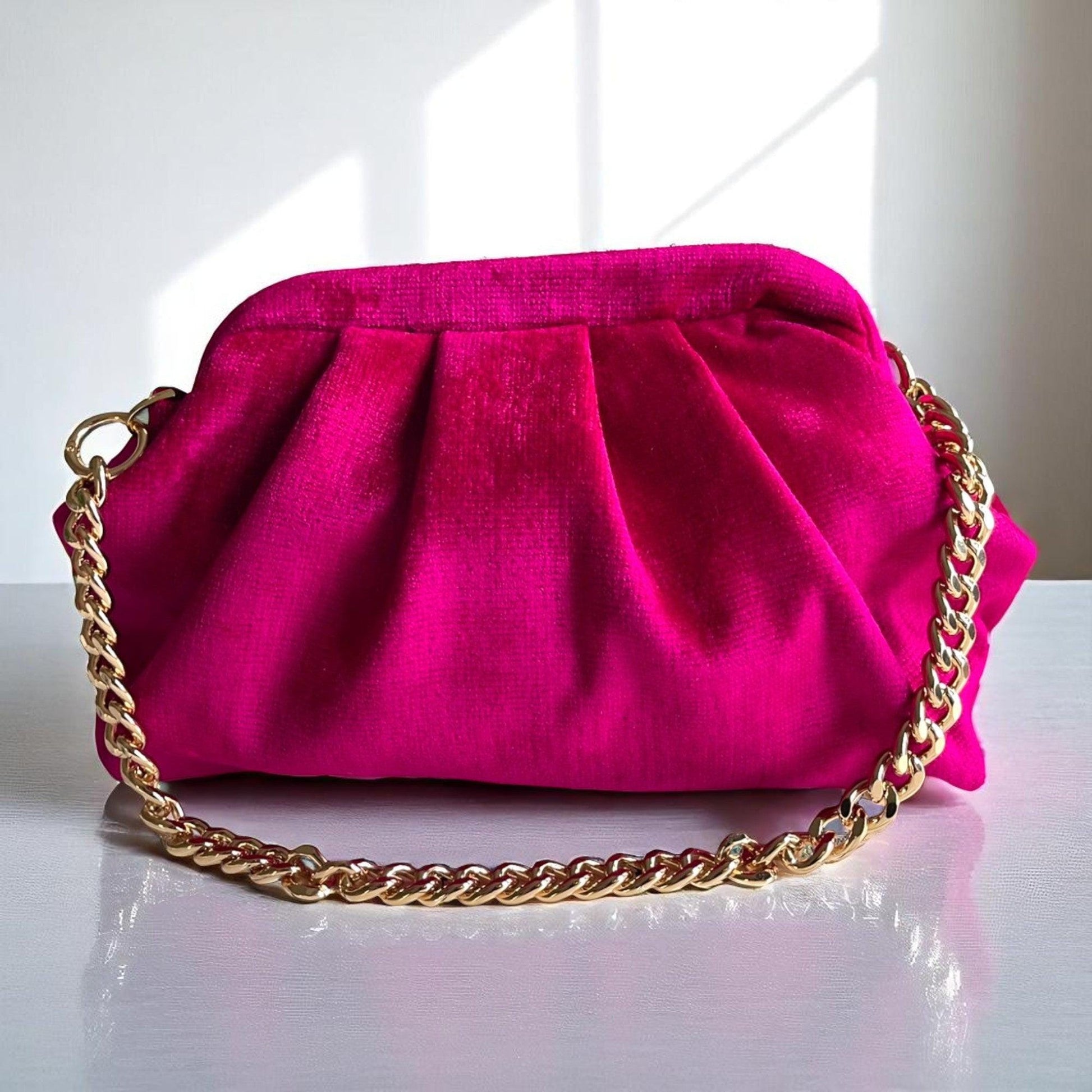 Hot Pink Velvet Clutch with Beaded Handle | Handmade Gold Chain Evening Bag | Statement Purse for Parties & Events - Glam Duchess