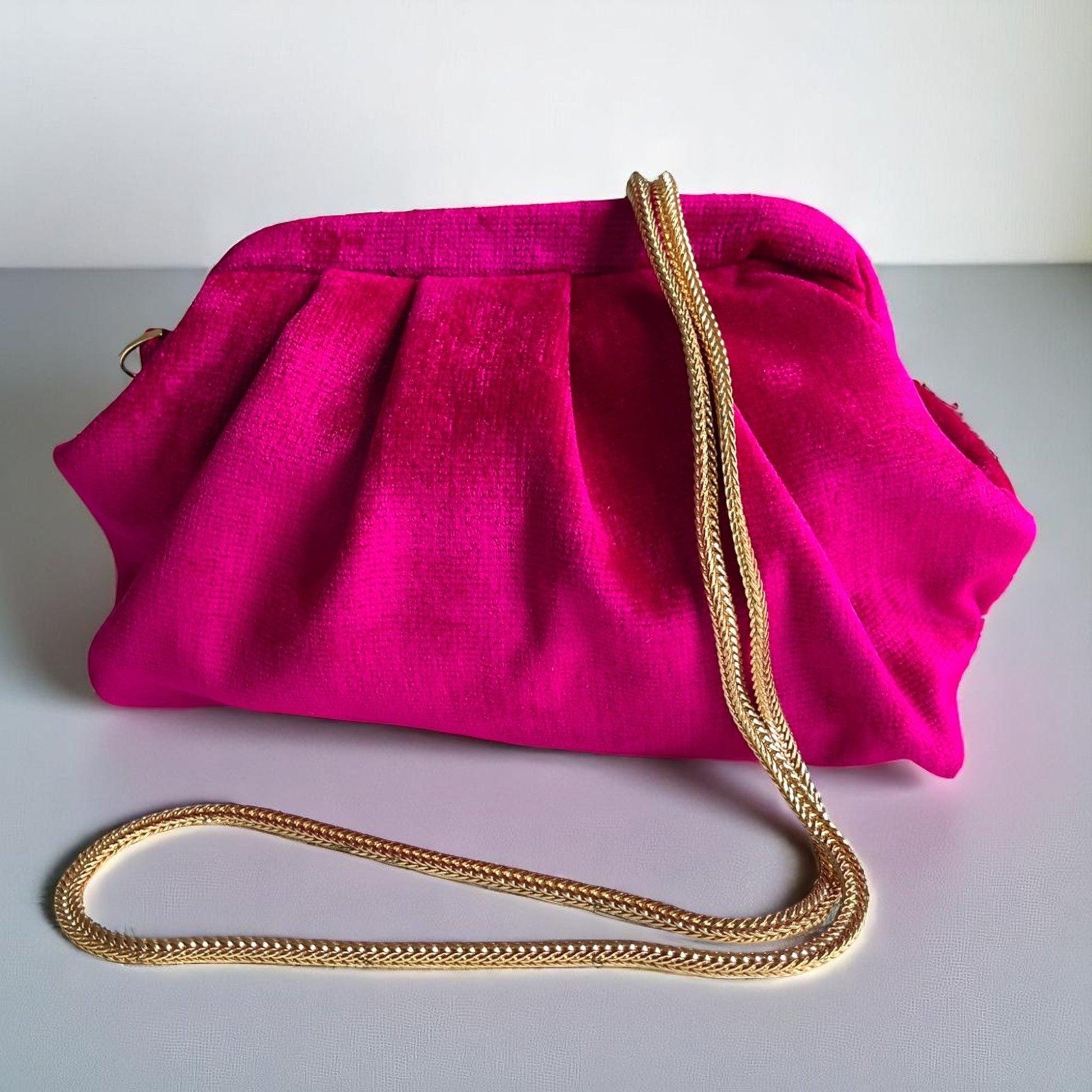 Hot Pink Velvet Clutch with Beaded Handle | Handmade Gold Chain Evening Bag | Statement Purse for Parties & Events - Glam Duchess