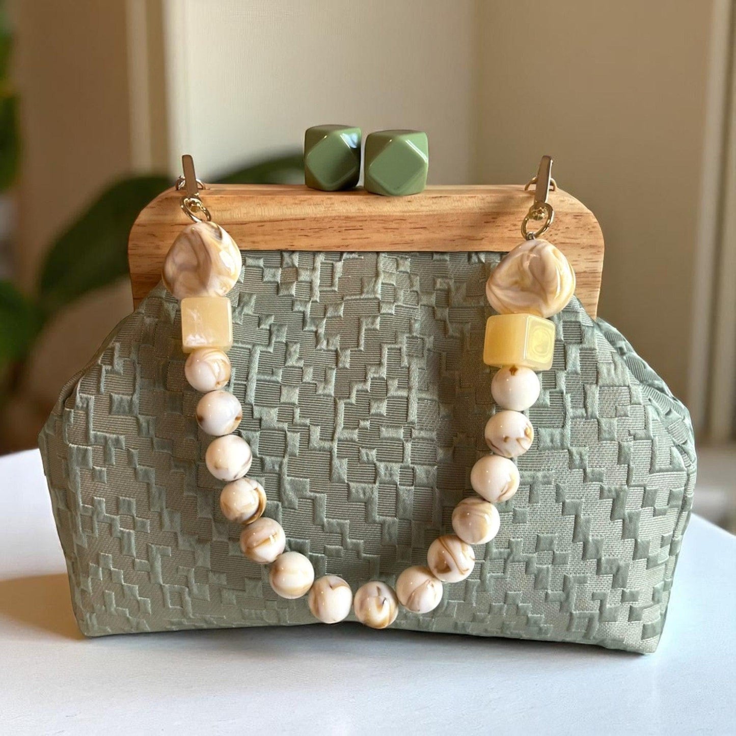 Sage Green Textured Clutch with Wooden Frame | Handmade Geometric Clasp Purse | Neutral Evening Bag | Soft Fabric Clutch - Glam Duchess
