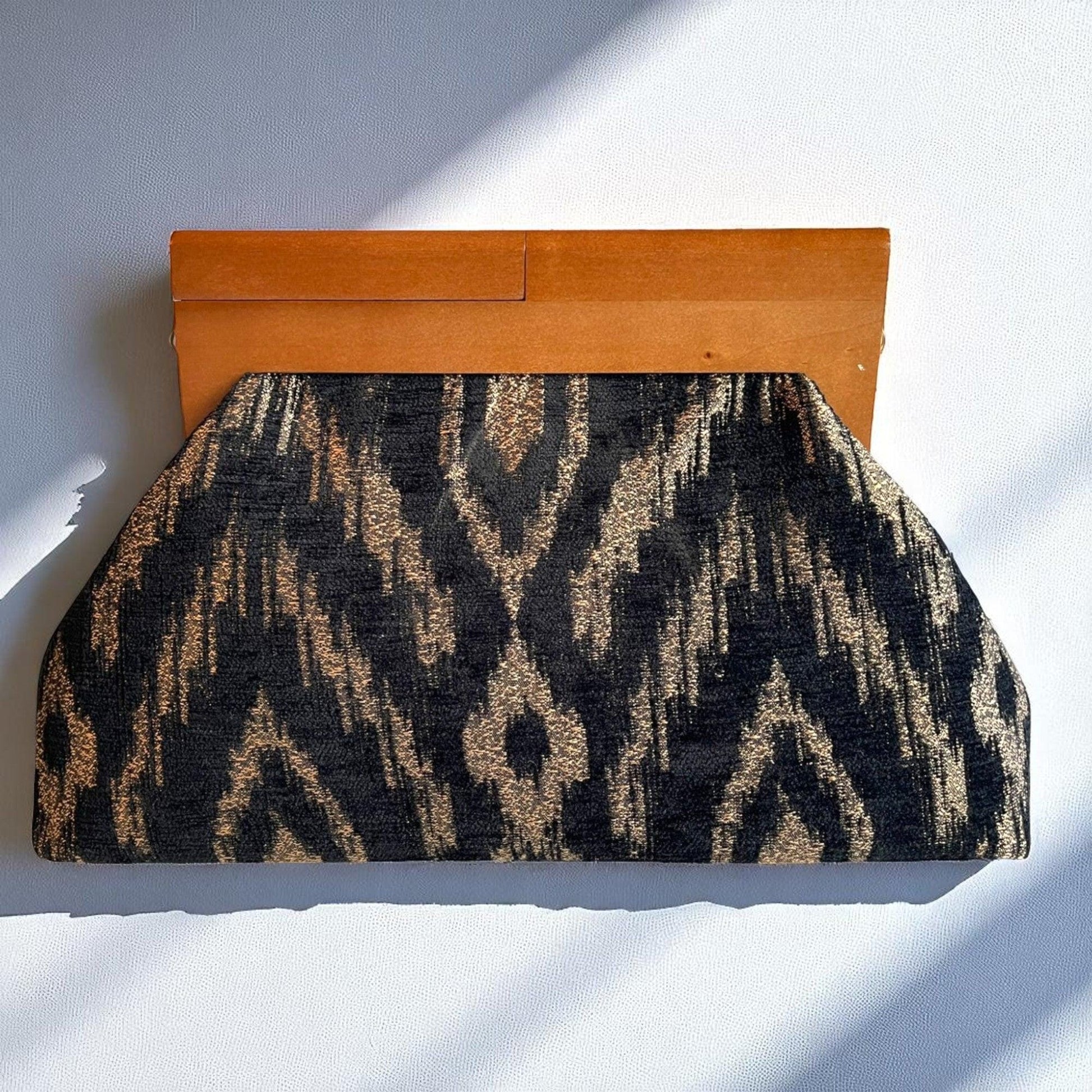 Chic Black and Gold Ikat Clutch Bag, Noir Oversize Clutch Bag, Handmade Purse with Wooden Frame, Gift For Her - Glam Duchess