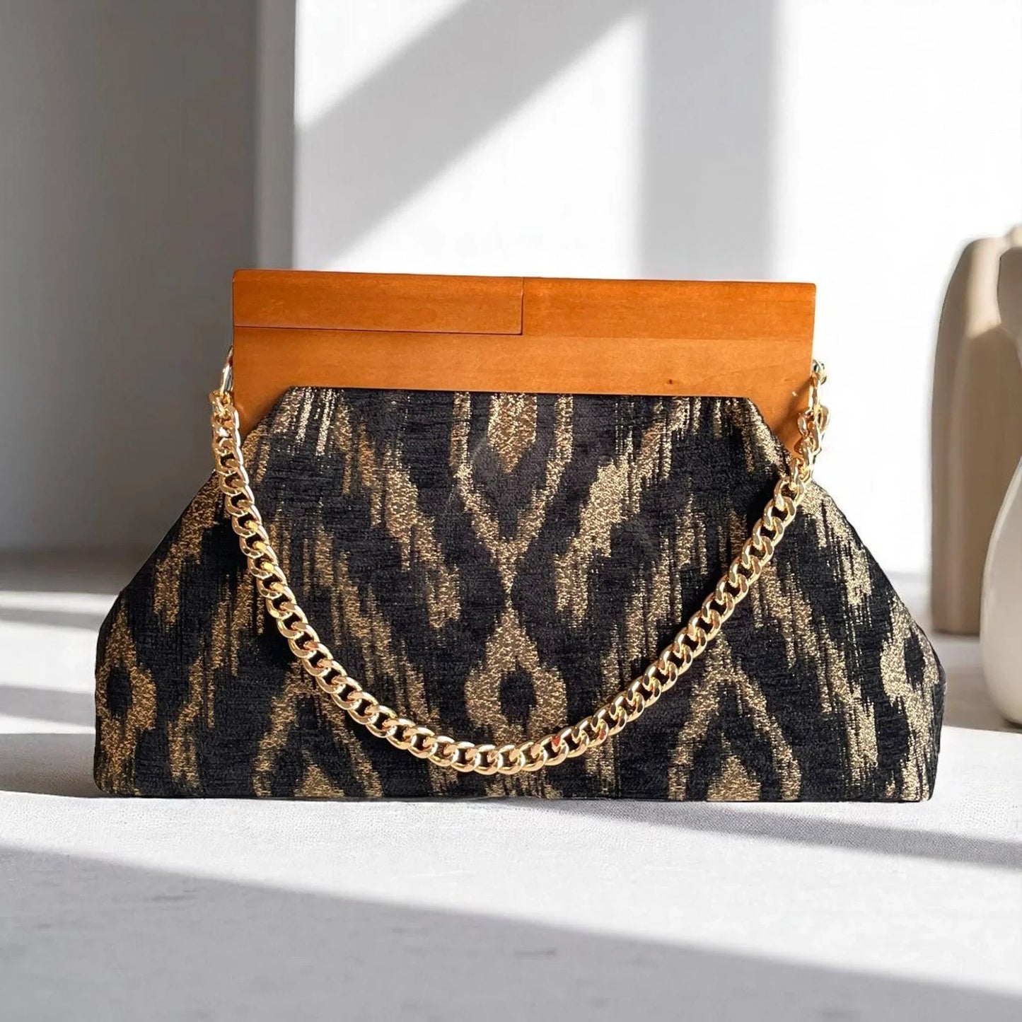 Chic Black and Gold Ikat Clutch Bag, Noir Oversize Clutch Bag, Handmade Purse with Wooden Frame, Gift For Her - Glam Duchess