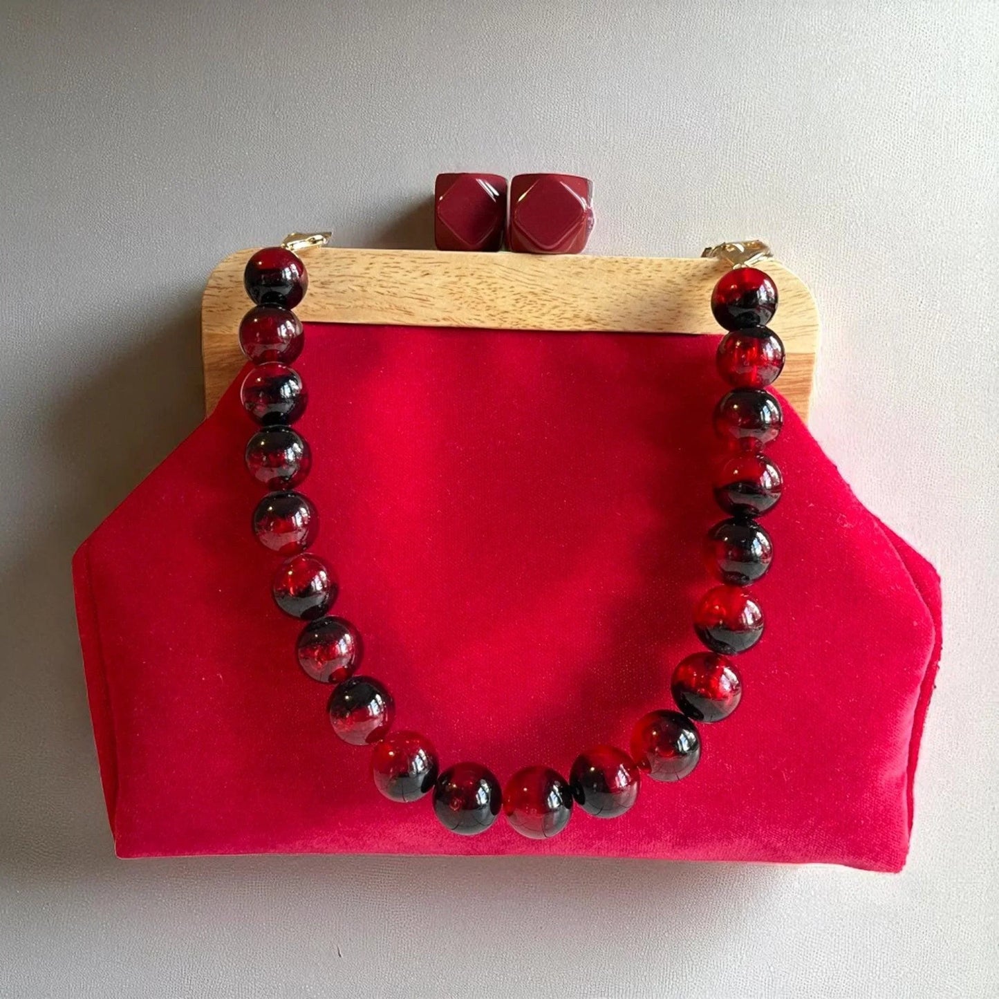 Handmade Red Velvet Clutch with Wooden Frame | Bold Evening Bag | Geometric Clasp Purse | Gift for Her - Glam Duchess