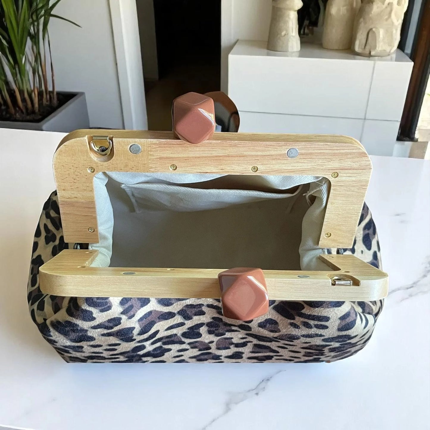 Leopard Print Clutch with Wooden Frame | Handmade Statement Bag | Animal Print Evening Purse | Bold Accessory - Glam Duchess