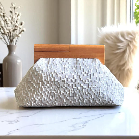 One of a Kind Oversized Wood Frame Woven Ivory Clutch Bag โ Minimalist Evening Purse - Glam Duchess