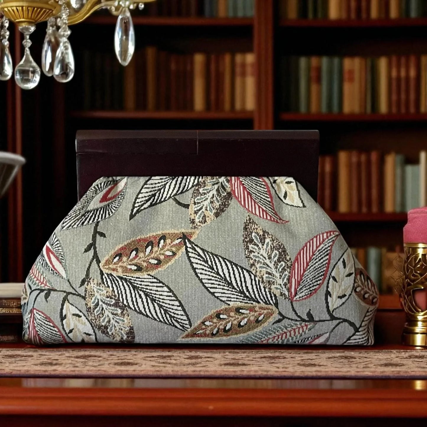 Oversized Leaf Print Fabric Clutch Bag with Wooden Frame| Botanical Pattern Evening Purse| Handmade Nature-Inspired Handbag - Glam Duchess