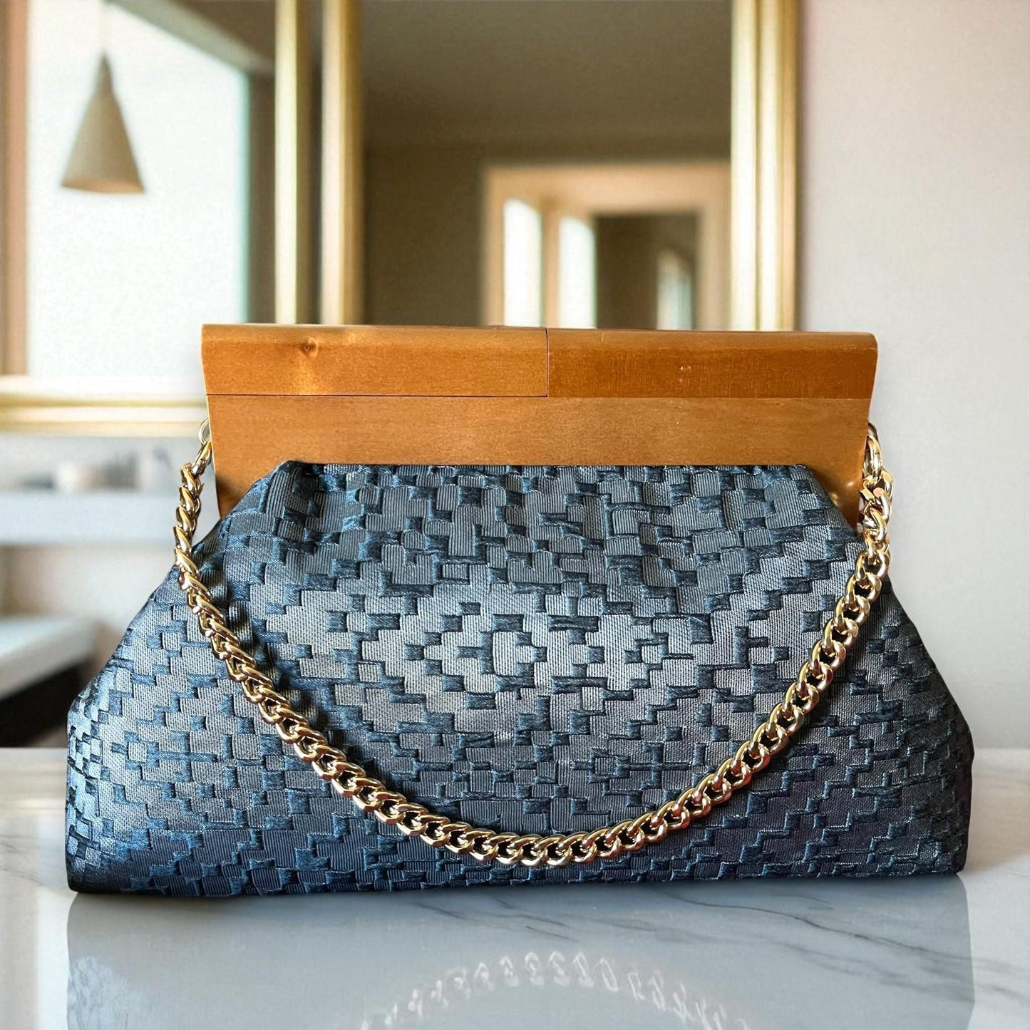 Textured Gray Clutch Bag with Wooden Frame, Large Evening Purse, Elegant Structured Handbag for Women - Glam Duchess