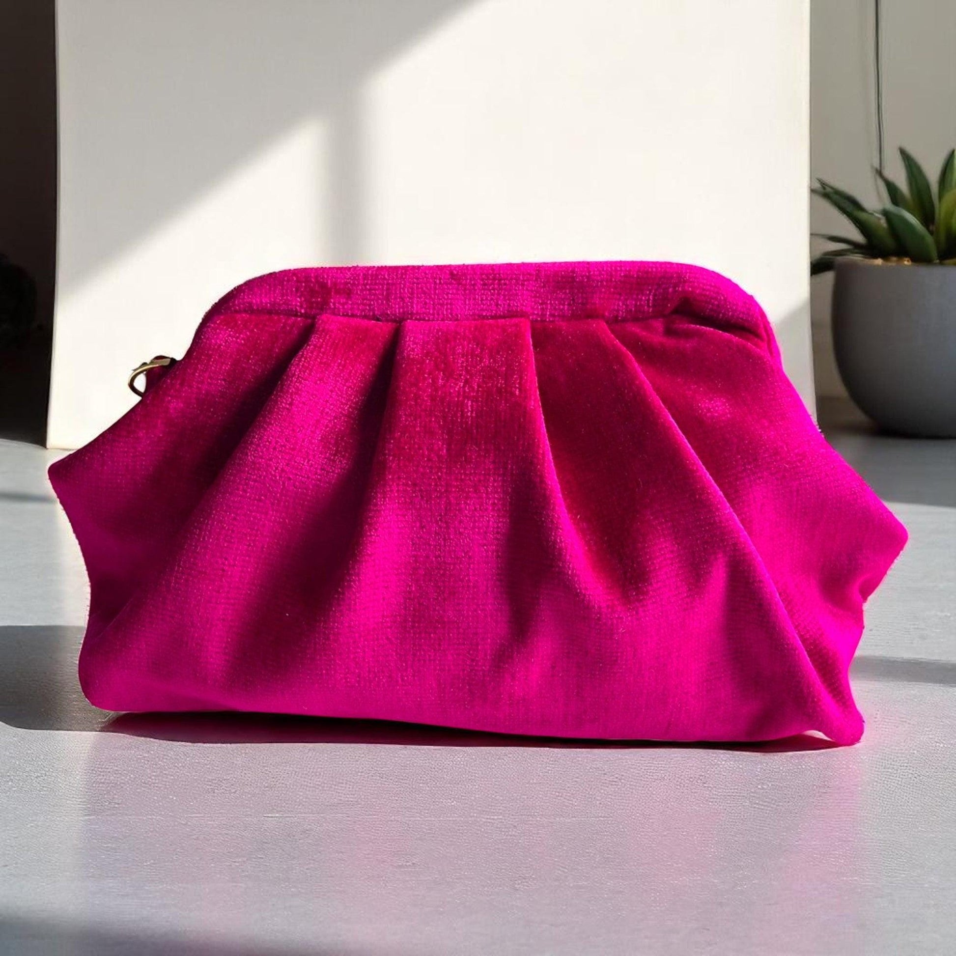 Hot Pink Velvet Clutch with Beaded Handle | Handmade Gold Chain Evening Bag | Statement Purse for Parties & Events - Glam Duchess