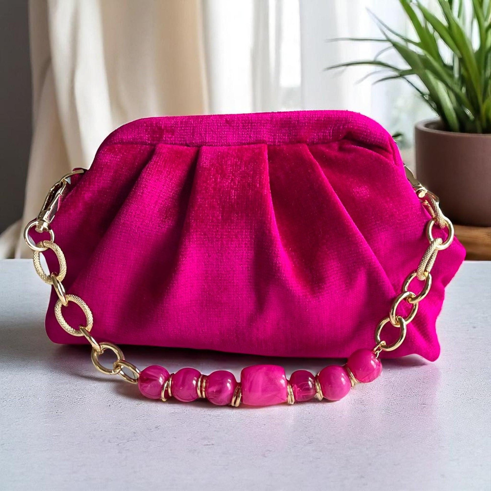Hot Pink Velvet Clutch with Beaded Handle | Handmade Gold Chain Evening Bag | Statement Purse for Parties & Events - Glam Duchess