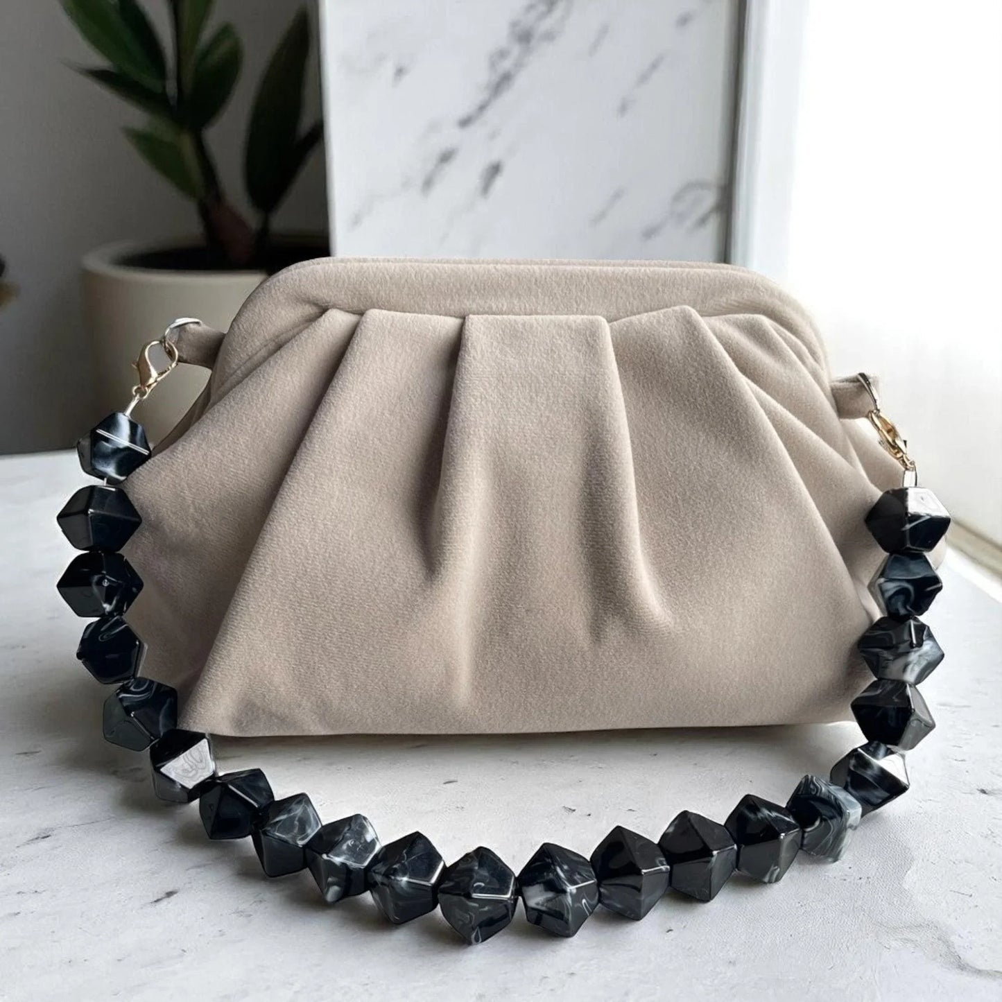 Beige Clutch with Gold Chain and Beaded Handle, Handmade Neutral Evening Bag, Soft Folded Purse | Elegant Party Clutch - Glam Duchess