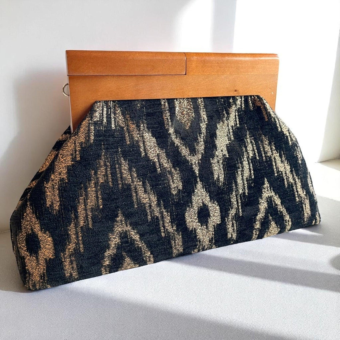 Chic Black and Gold Ikat Clutch Bag, Noir Oversize Clutch Bag, Handmade Purse with Wooden Frame, Gift For Her - Glam Duchess