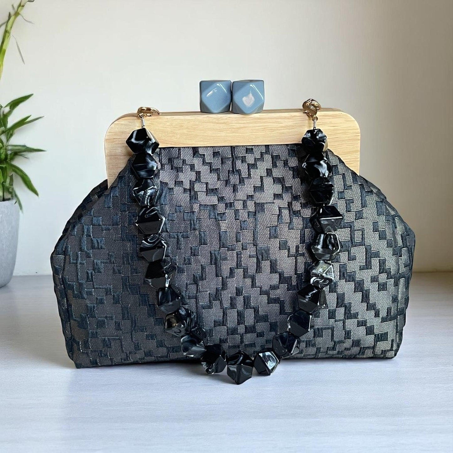 Handmade Midnight Blue Woven Clutch Bag with Beaded Handle | Wooden Frame Purse | Unique Statement evening Handbag - Glam Duchess