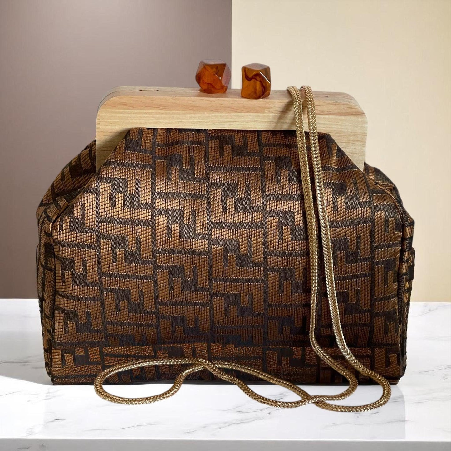 Handmade Geometric Weave Clutch Bag with Amber Accents | Wooden Frame Minimal Bag | Unique Evening Purse - Glam Duchess
